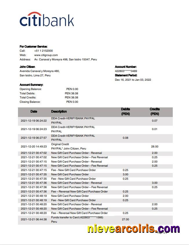 Peru Citibank bank statement